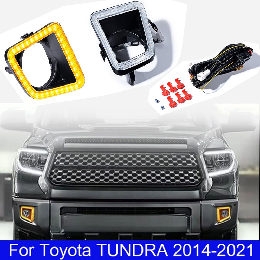 AstraDepot Compatible with Fog Lamp Bezel with LED Daytime Running Light Turn Signal 2014-2021 Toyota Tundra Left Right 