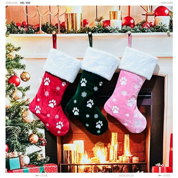 Dalrosia Large Christmas Stockings Dog Paw Print Snowflake Pattern Hanging Stockings Red Green Christmas Decorations Gift Bag Hanging Ornament for Xmas Holiday Party Pet Home