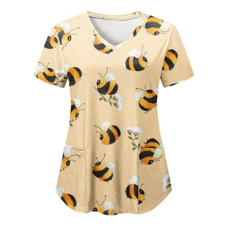 

TAIAOJING Scrubs for Women 2023 New Protective Spring Short Sleeved V Neck Printed Pocket T Top