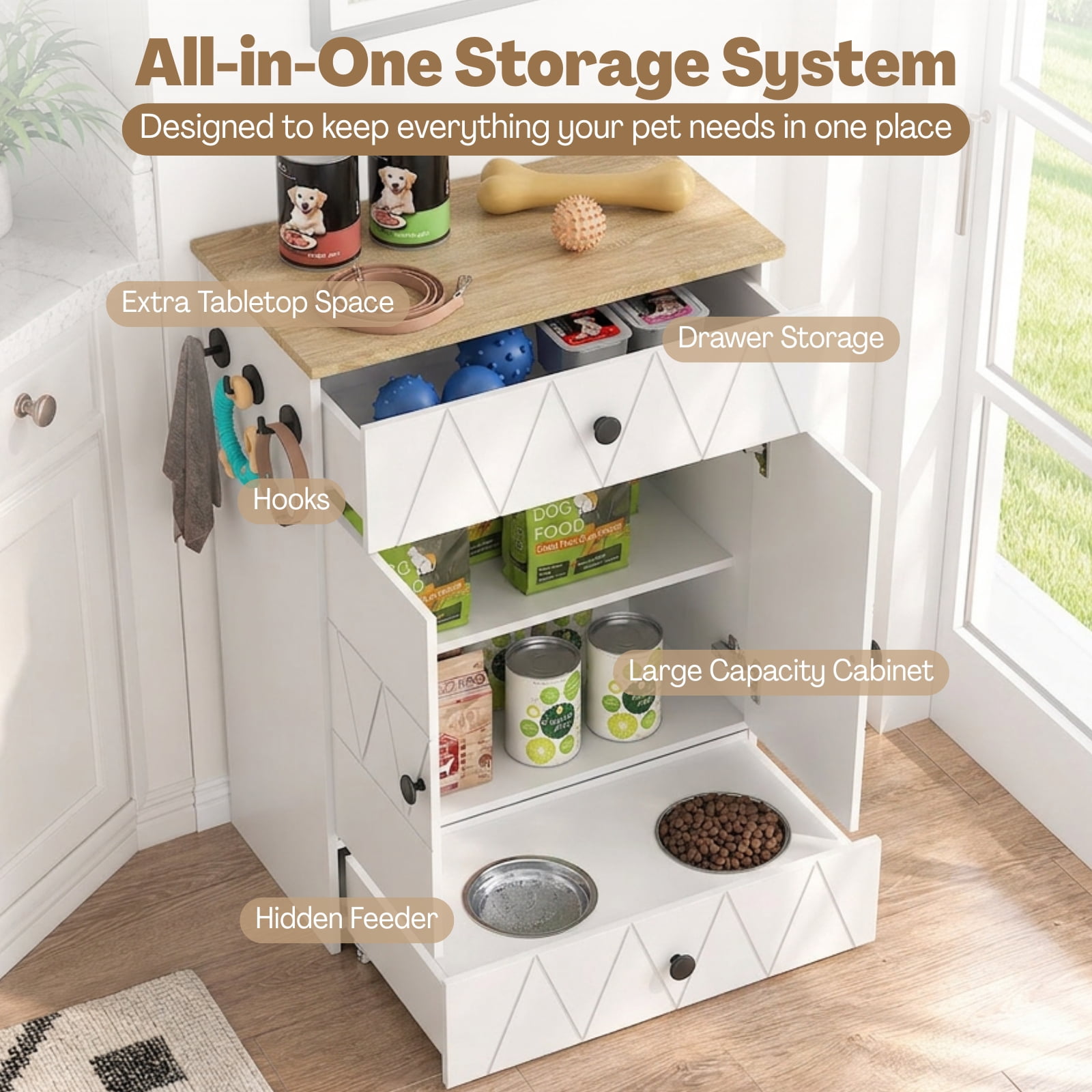 Advwin Pet Feeding Station Furniture with 2 Raised Dog Bowls, Dog & Cat Food Storage Cabinet with Drawer, Adjustable Shelves & Hooks, White