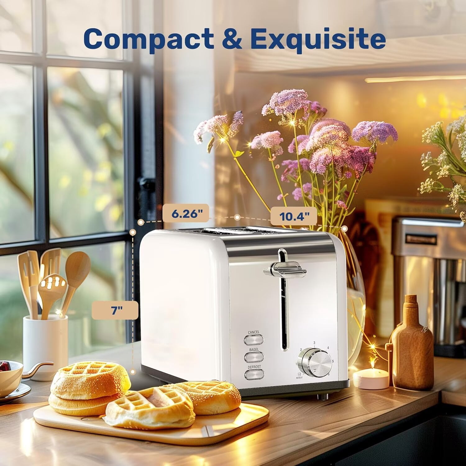 YSSOA Stainless Steel 2 Slice Toaster, 6 Browning Setting and Bagel/Defrost/Cancel Functions, Retro Compact Oven, Extra Wide Slot, Removable Crumb Tray, White