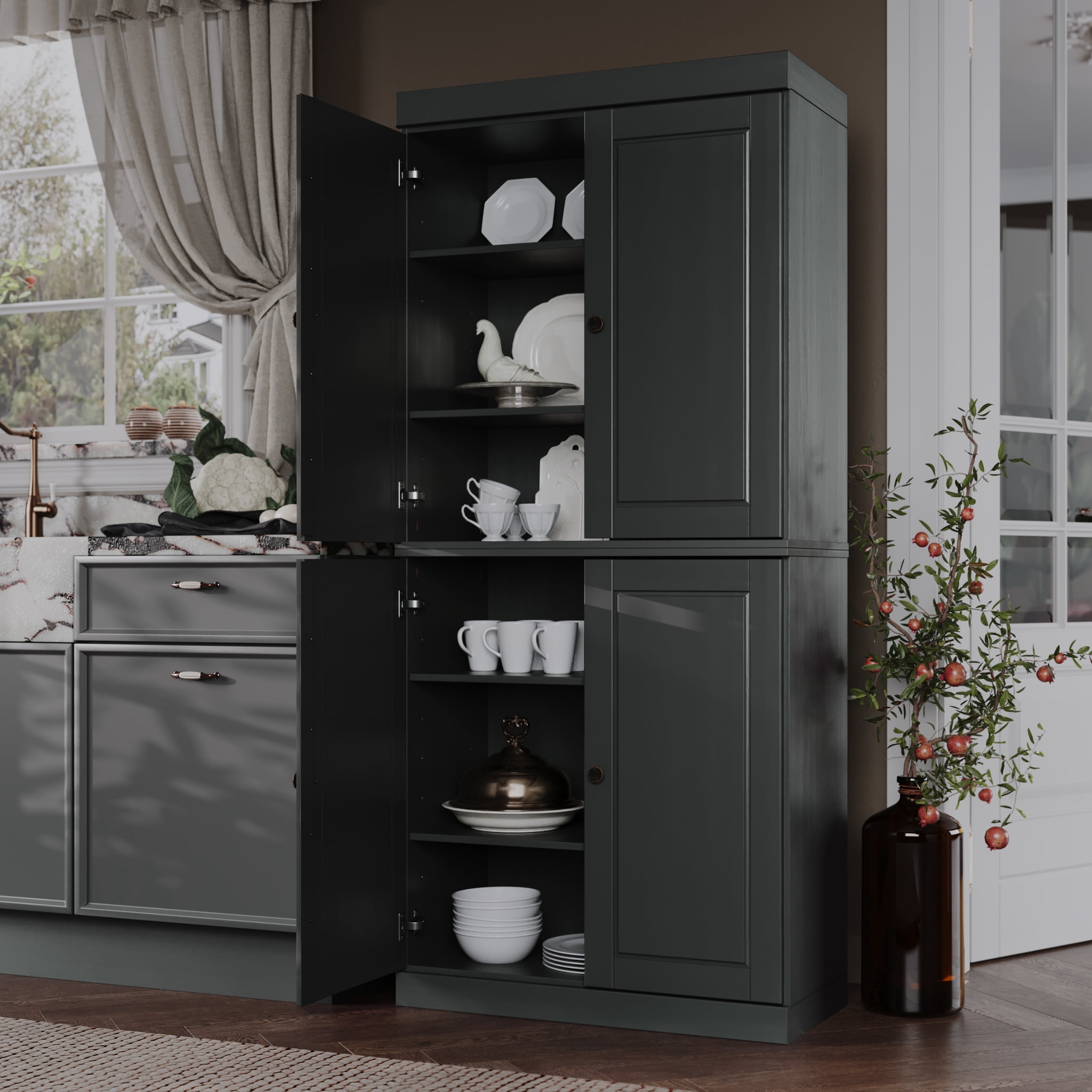 Palace Imports 100% Solid Wood Kitchen Pantry Storage Cabinet with Solid Doors and Adjustable Shelves, Gray