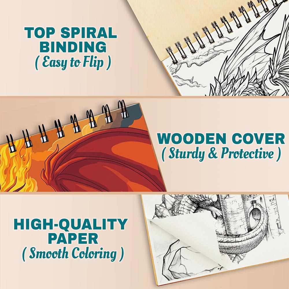Netecom Fire Dragon Coloring Book Spiral Bound for Adults, A5 Wooden Cover, 30 Majestic Coloring Pages of Mighty Creatures for Stress Relief and Relaxation