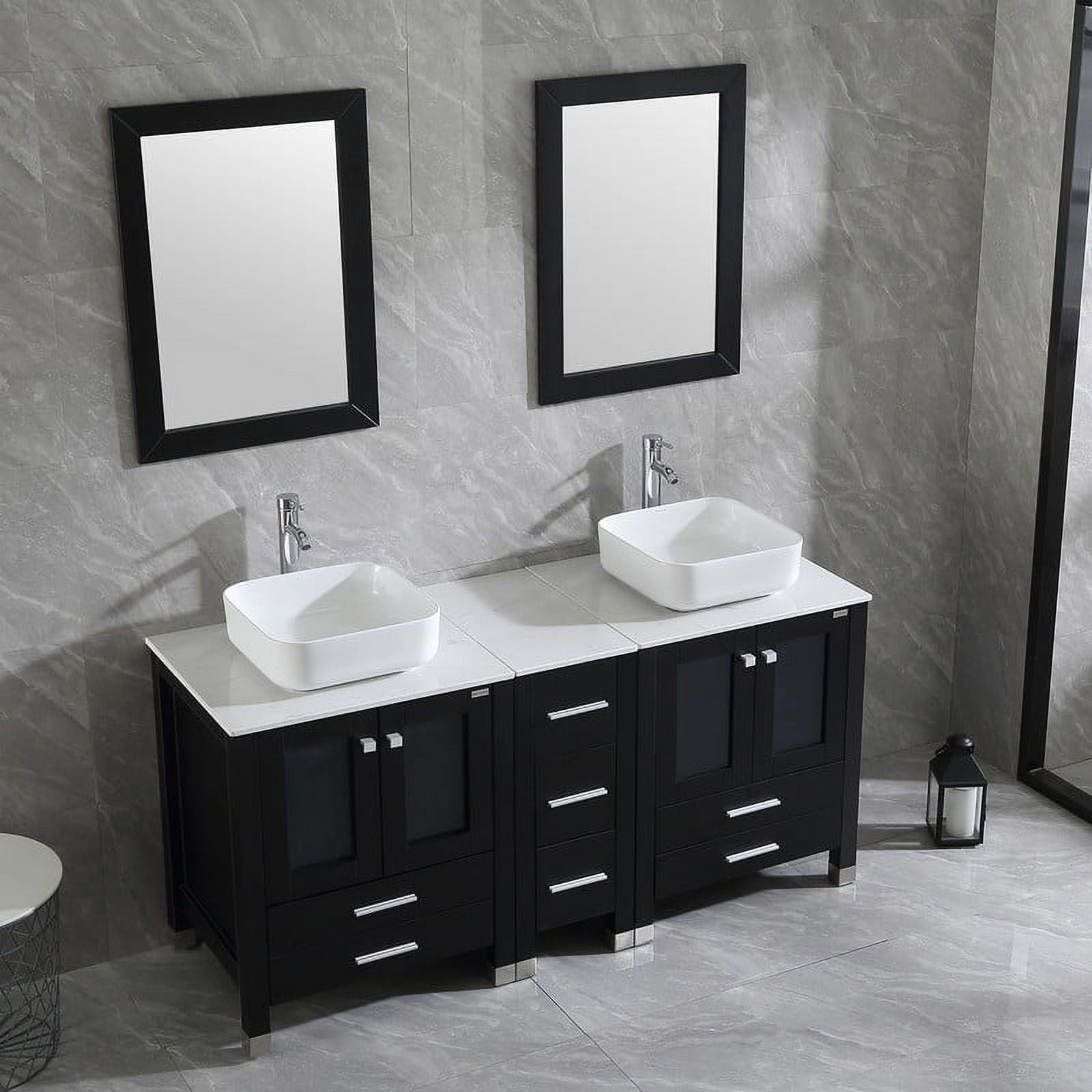 Wonline 60" Luxurious Bathroom Vanity and Sink Combo Wood Cabinet Top Round Ceramic Vessel Sink Faucet Drain Combo with Mirror Vanities Set,Black