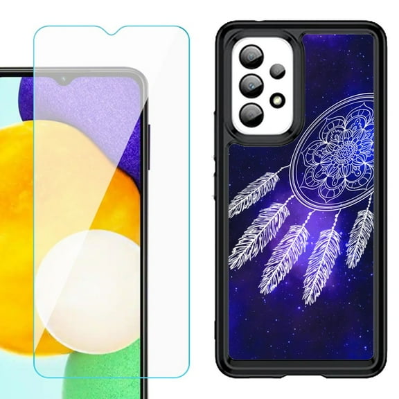 Shockproof Bumper (Black Frame) phone Case for Samsung Galaxy A23 5G, with Tempered Glass Screen Protector, by OneToughShield ® - Dream Catcher