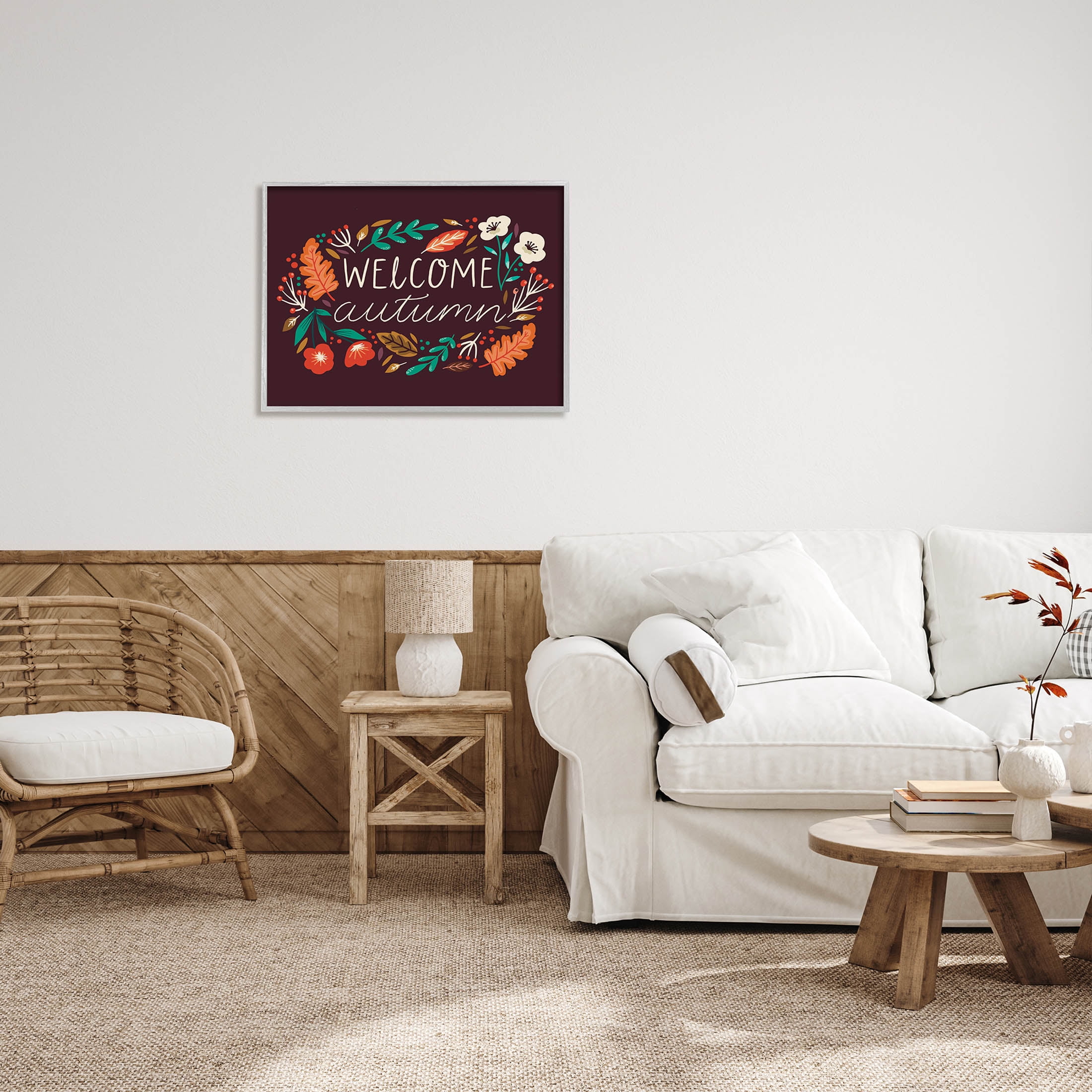 Welcome Autumn Fall Botanicals Holiday Graphic Art Gray Framed Art Print Wall Art