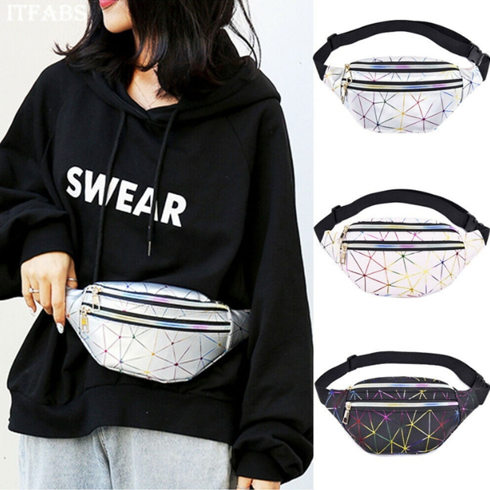 Goowrom Waist Bag Women Pack Belt Bag Black Geometric Waist Pack Laser Chest Phone Pouch Black