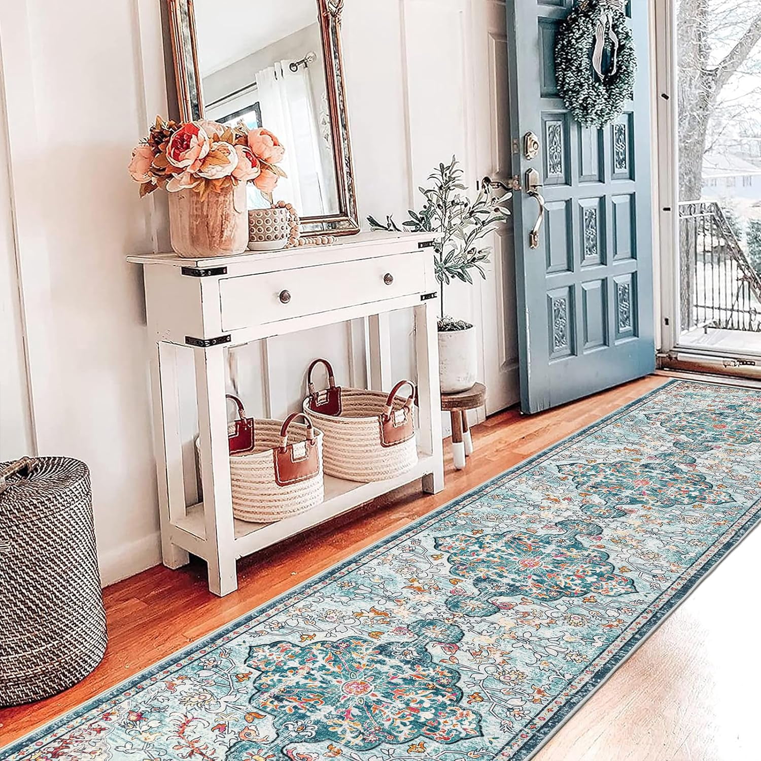 Findosom 2'x10' Vintage Runner Rug 0.4" Distressed Hallway Rug Non Slip Laundry Runner Rug Decor Rug Washable Runner Rug Kitchen Floor Mat Entryway Rug Runner for Laundry Kitchen Entryway, Blue