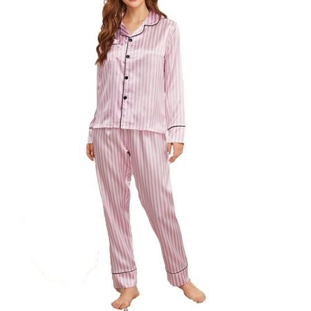 

Womens Pajama Sets Pocket Lapel Sleepwear Pink XS