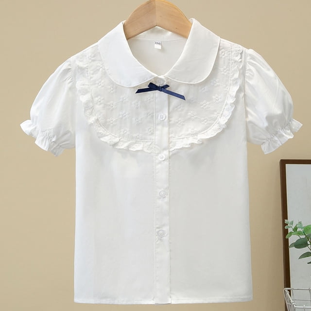 Odeerbi Camisa de Vestido de Algodón de Las Niñas Flor Bordado de Manga Corta Uniforme de La Escuela Con Bolsillo