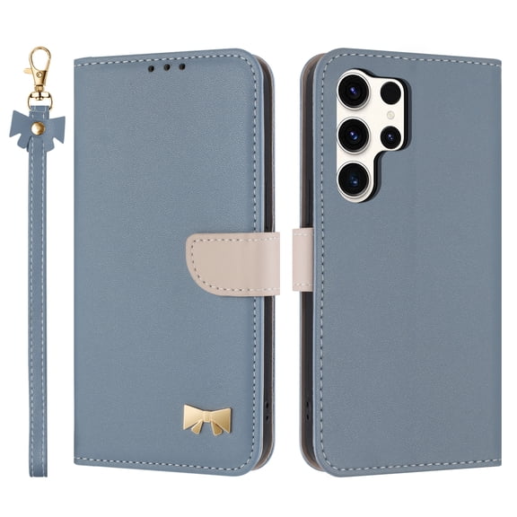 Designed for Samsung Galaxy S25 Ultra Wallet Phone Case,With Card Slots,Metal Bowknot PU Leather Flip Folio Kickstand,with Shoulder Strap&Wrist Strap,Shockproof Anti-fall Phone Case,Blue