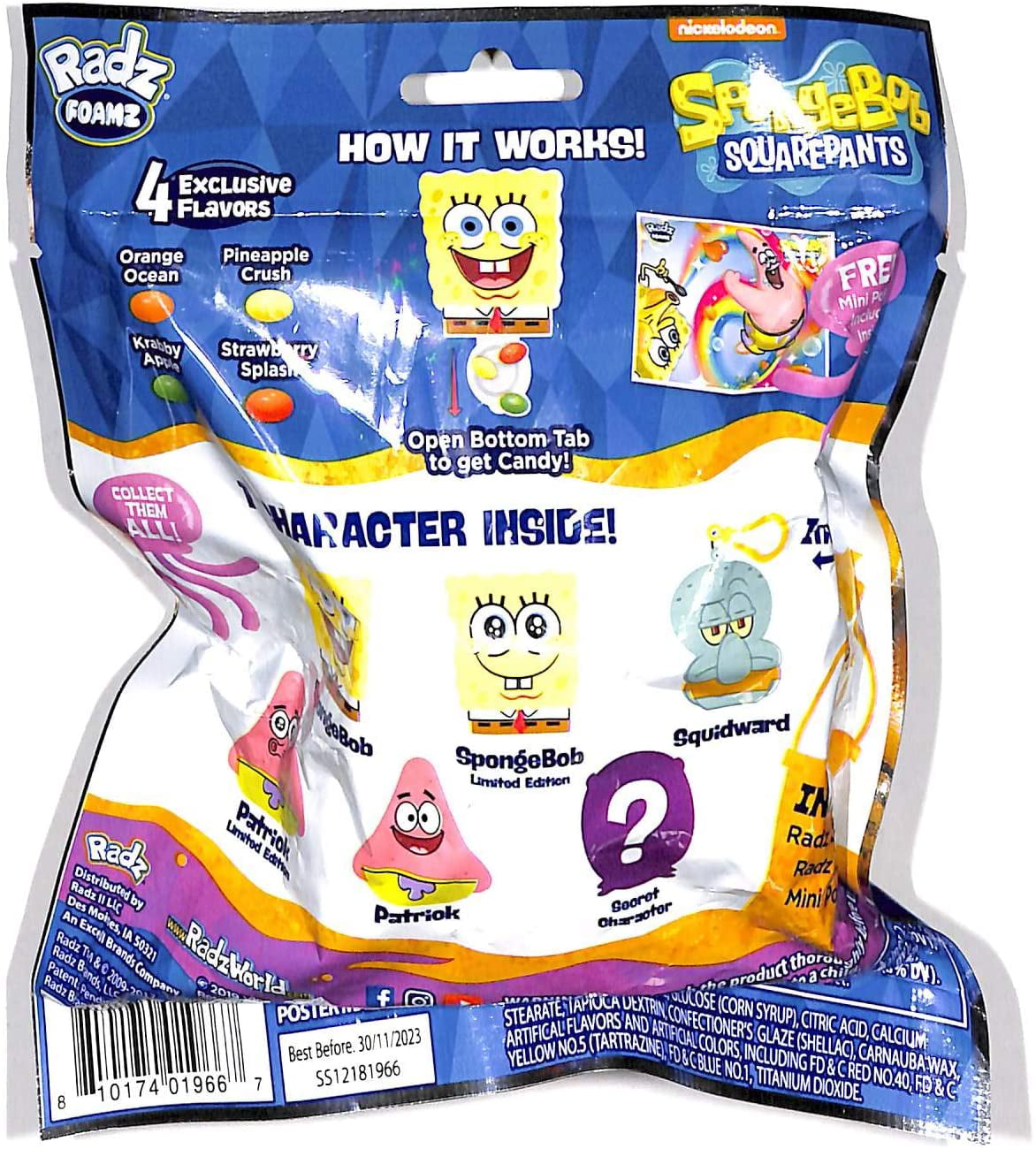 6 Packs RADZ 3 in 1 Spongebob FOAMZ Candy,Mini Poster 
