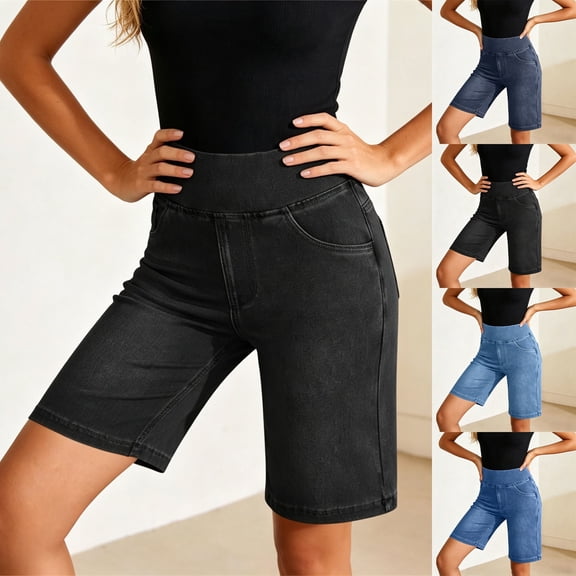 Swanpen Women's High Waist Stretchy Denim Bermuda Shorts, Elastic Waist Pull-On Biker Shorts with Pockets
