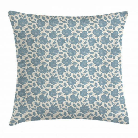 Flower Throw Pillow Cushion Cover, Visual Art Depiction of Summer Nature with Flourishing Flowers and Leaves, Decorative Square Accent Pillow Case, 18 X 18 Inches, Bluegrey Eggshell, by Ambesonne
