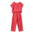 thumbnail image 5 of XUNKUSGA Two Piece Sets for Women Soild Color Soft Cotton Linen U Neck Top and Button Up Wide Leg Long Pants Matching Sets Women Clothing with Pockets,Red,M, 5 of 10