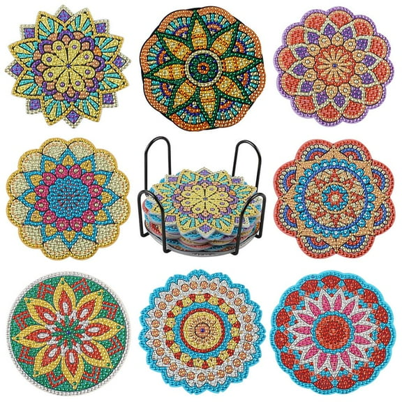 FGY 8 Pcs DIY Diamond Coasters Kit Mandala Coasters with holder, DIY Diamond Art Coasters for Beginners