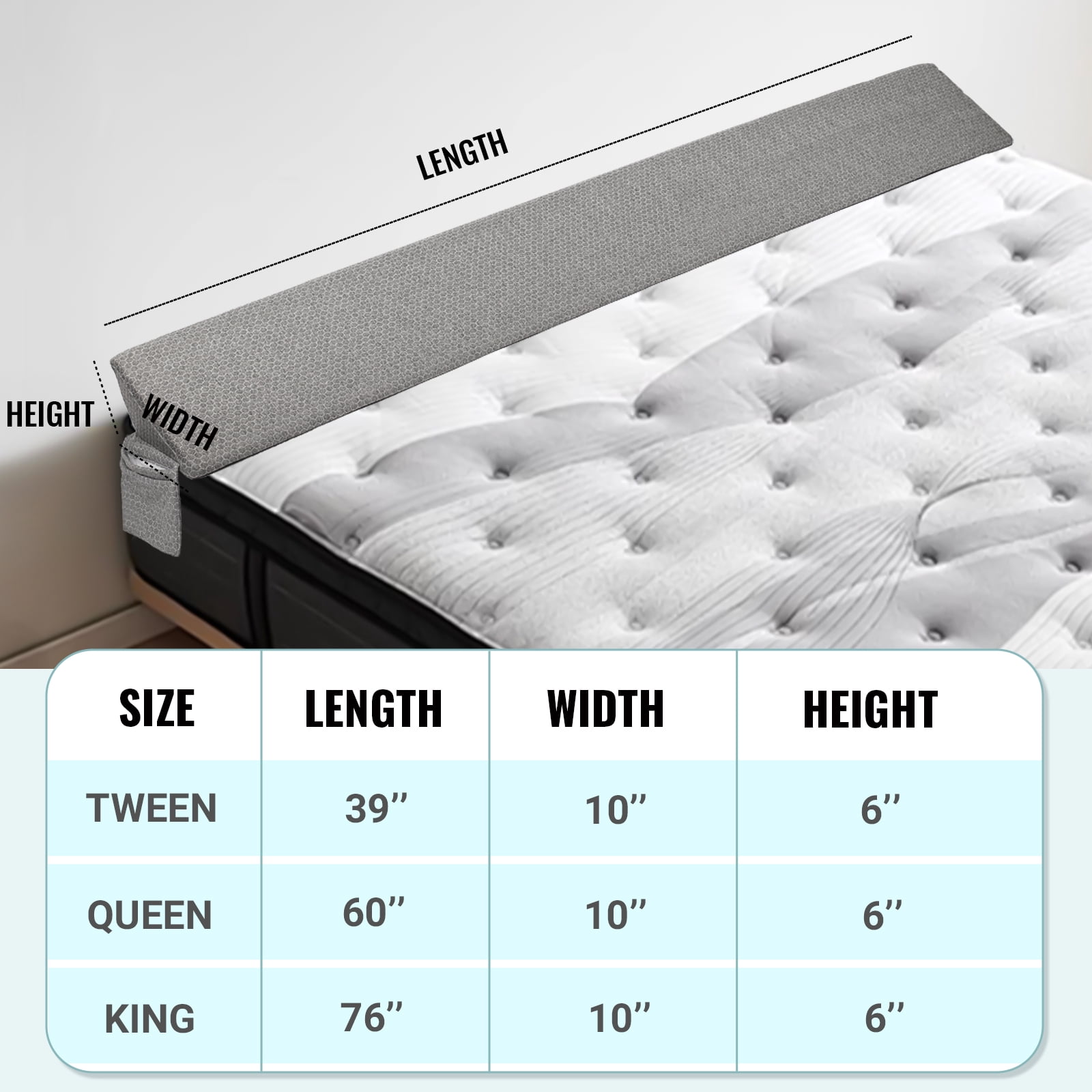 Bed Wedge Pillow - Headboard Pillow Fill The Gap 0-8" Between Headboard and Mattress, gray, M