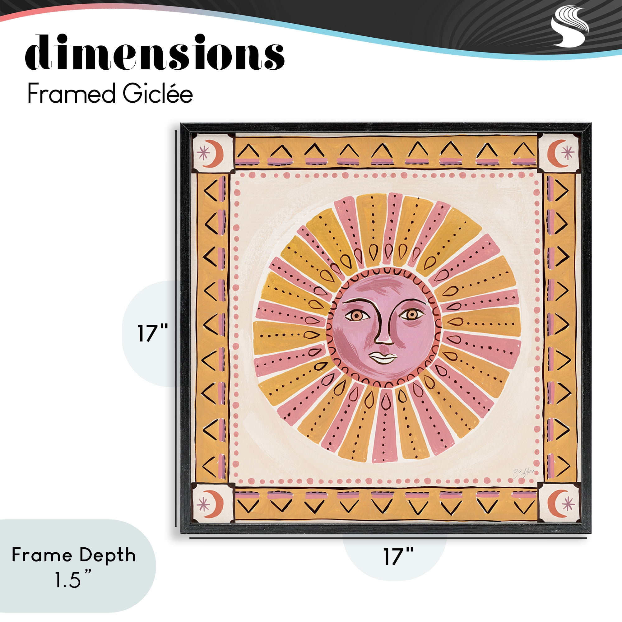 Stupell Industries Pink Sun Face with Geometric Border Black Framed Giclee Art, design by Two If By Sea Studios
