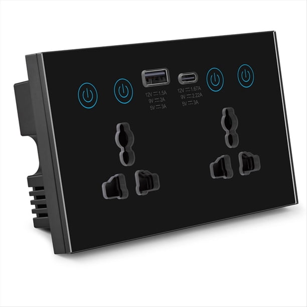 Enchufe Universal UE, Reino , EE. UU., Tuya, WiFi, Interruptor de de Corriente Inteligente Negro con Puerto USB y Tipo C, Salida Smart Life