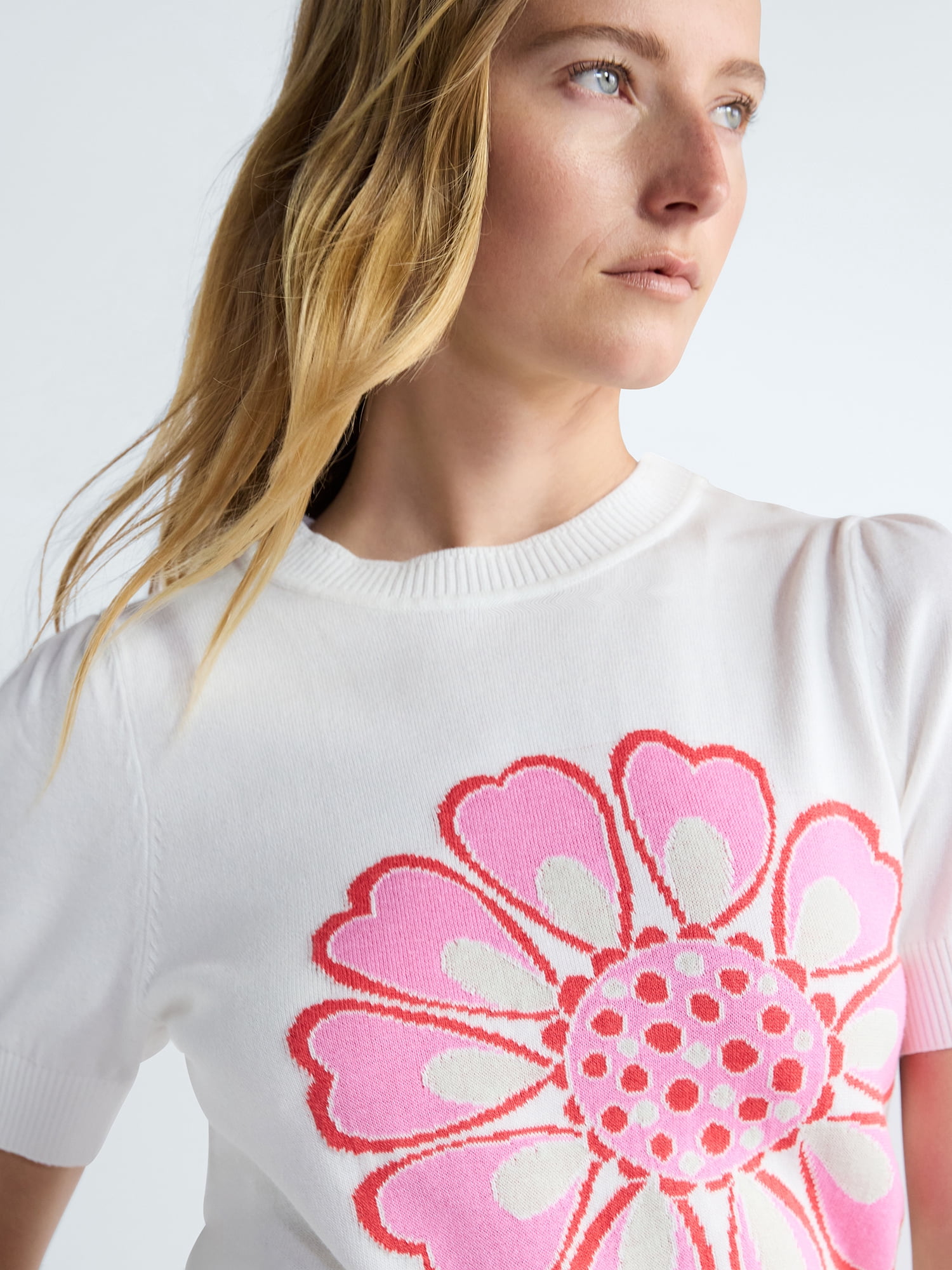 Free Assembly Women's and Women's Plus Floral Sweater with Puff Sleeves, Lightweight, Sizes XS-4X