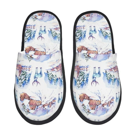 Balery Snowy Cottage Holiday Scene Slient Indoor Furry Fleece Comfort House Shoes Soft Non-Slip Home Shoes Cotton slippers House Slippers-- Large