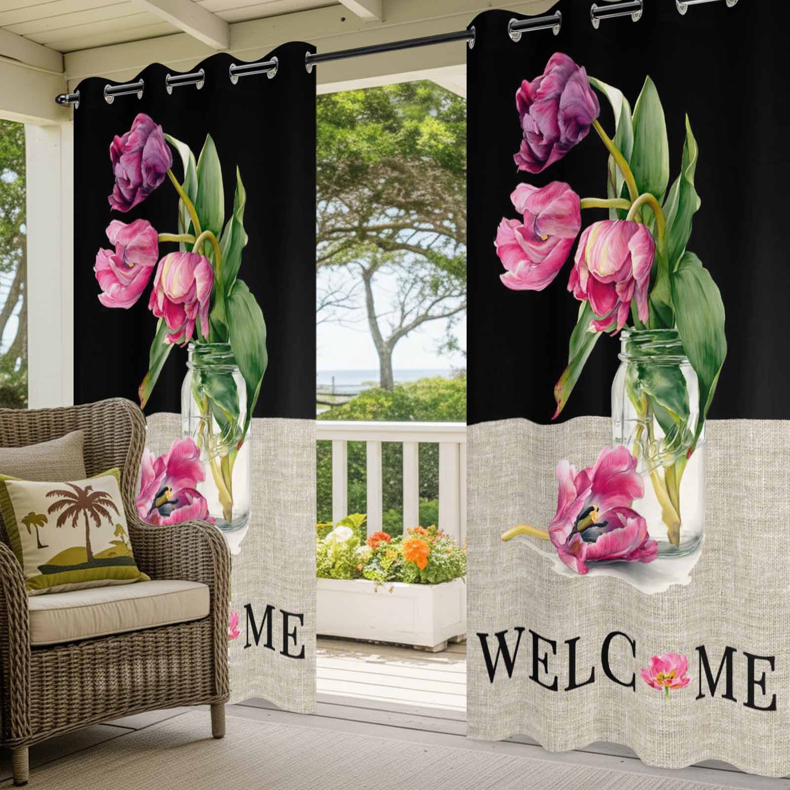 Welcome Outdoor Curtains for Patio, Country Watercolor Pink Purple Floral Vase Black Linen Sunshade Privacy Drapes Grommet Waterproof Outside Curtains for Porch/Cabana/Balcony 54"x 108", 1 Panel