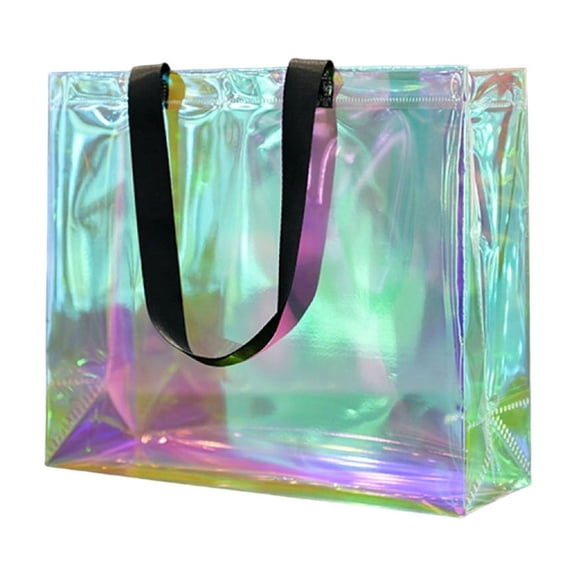 Bwiyojiz Tote Bag, Clear Holographic PVC Rainbow Lasers Beach Bag for Pool Parties, Shopping, and Travel, Purse for Summer