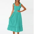 thumbnail image 2 of Dezsed Women's 2025 Summer Boho Dresses Spaghetti Strap Square Neck Solid Color Ruffle A Line Beach Long Maxi Dress Sky Blue L, 2 of 9