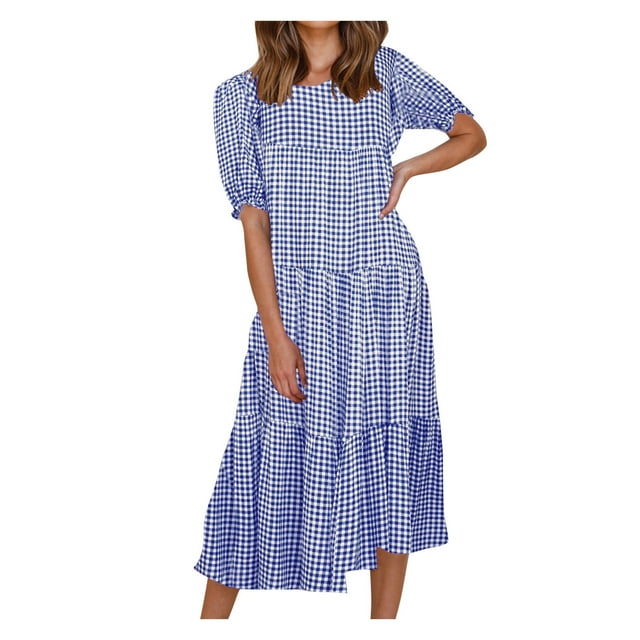 Pompotops Femmes Sexy à Manches Bubble plaid Imprimé patchwork Robe Jupe en Vrac