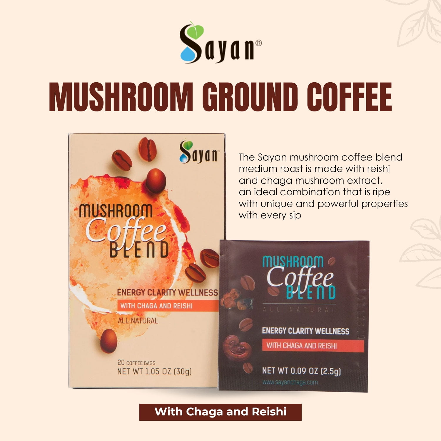 Sayan Mushroom Coffee Blend Medium Roast (20 Packets, 2.5g Each)