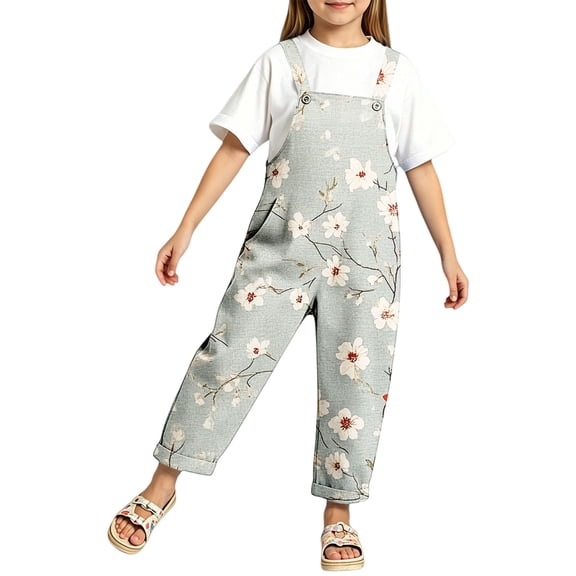 Ruyang Girls Overalls Cute Floral Print Adjustable Straps Straight Jumpsuit Summer Loose Fit Casual Trendy Rompers for Teens