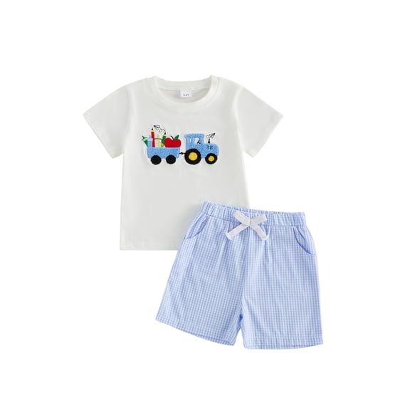BemeyourBBs Toddler Baby Boy Back to School Outfit Kids Kindergarten Outfits Baby Boys Summer Clothes Short Sleeve Pencil in Truck Embroidery T Shirt Tops and Elastic Waist Plaid Shorts Set