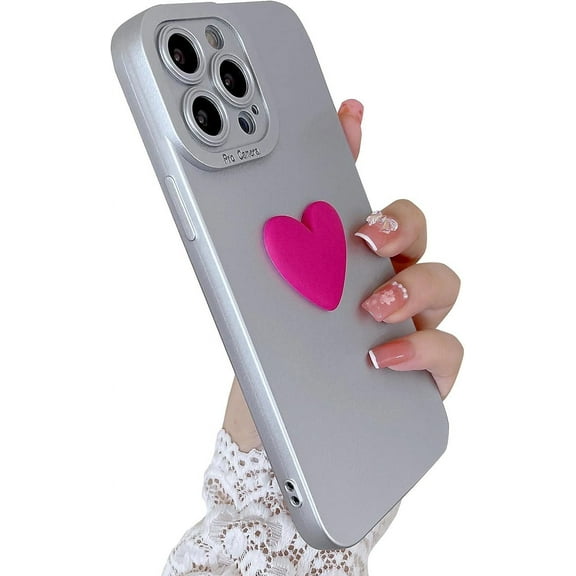 Compatible with iPhone 13 Pro Max Cute 3D Love Heart Case Camera Protection Shockproof Soft Bumper Phone Case for Women Girls Silver