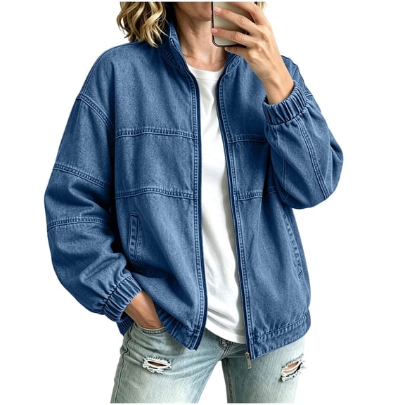 uublik Womens Denim Jacket Blue Casual Long Sleeve Zip Up Denim Jacket Fall Coat