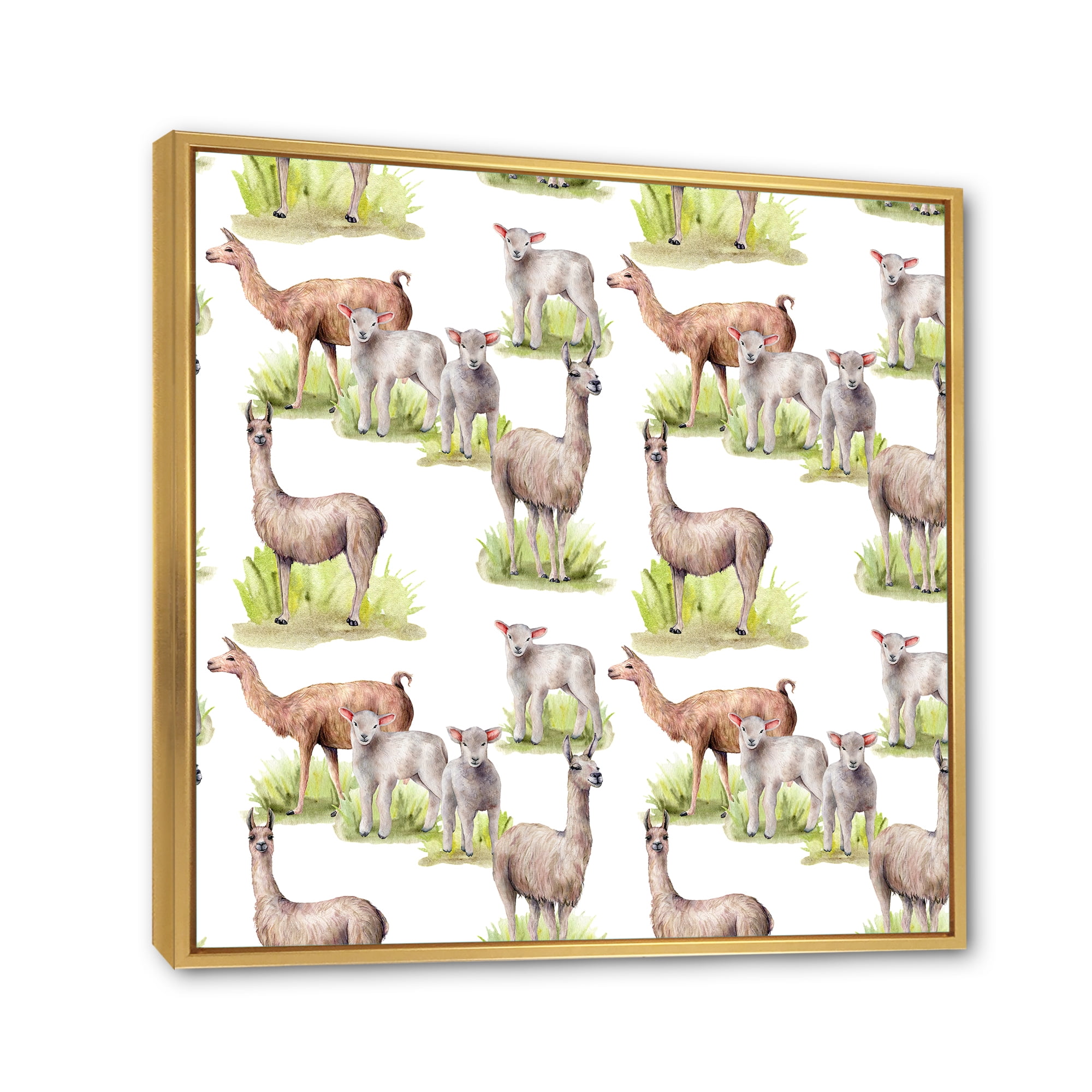 Designart 'Lambs and Lamas On A Green Meadow' Farmhouse Framed Canvas Wall Art Print