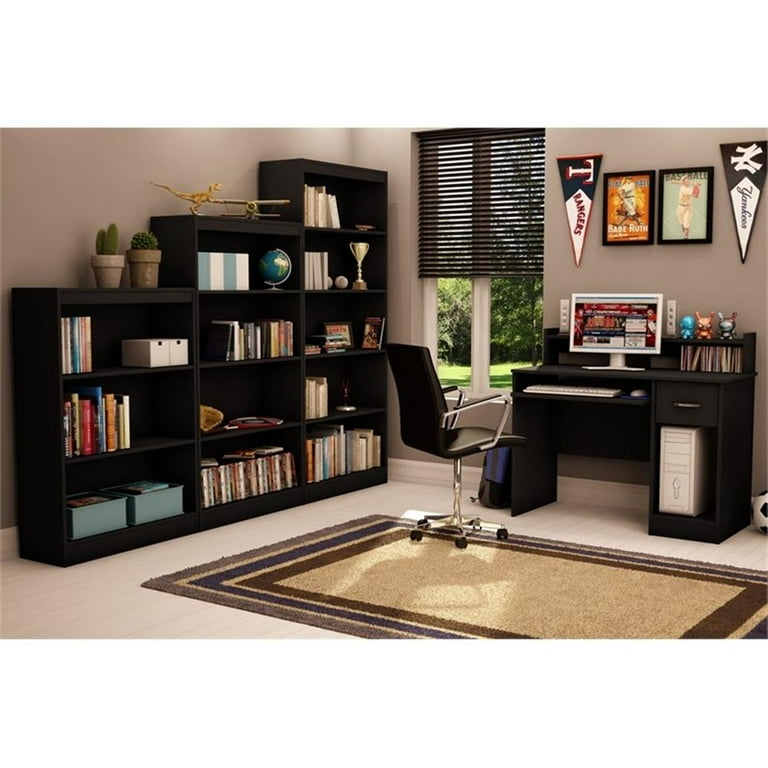 South Shore Axess Small Desk With Drawers and 5 Shelf Bookcase Set in Pure Black