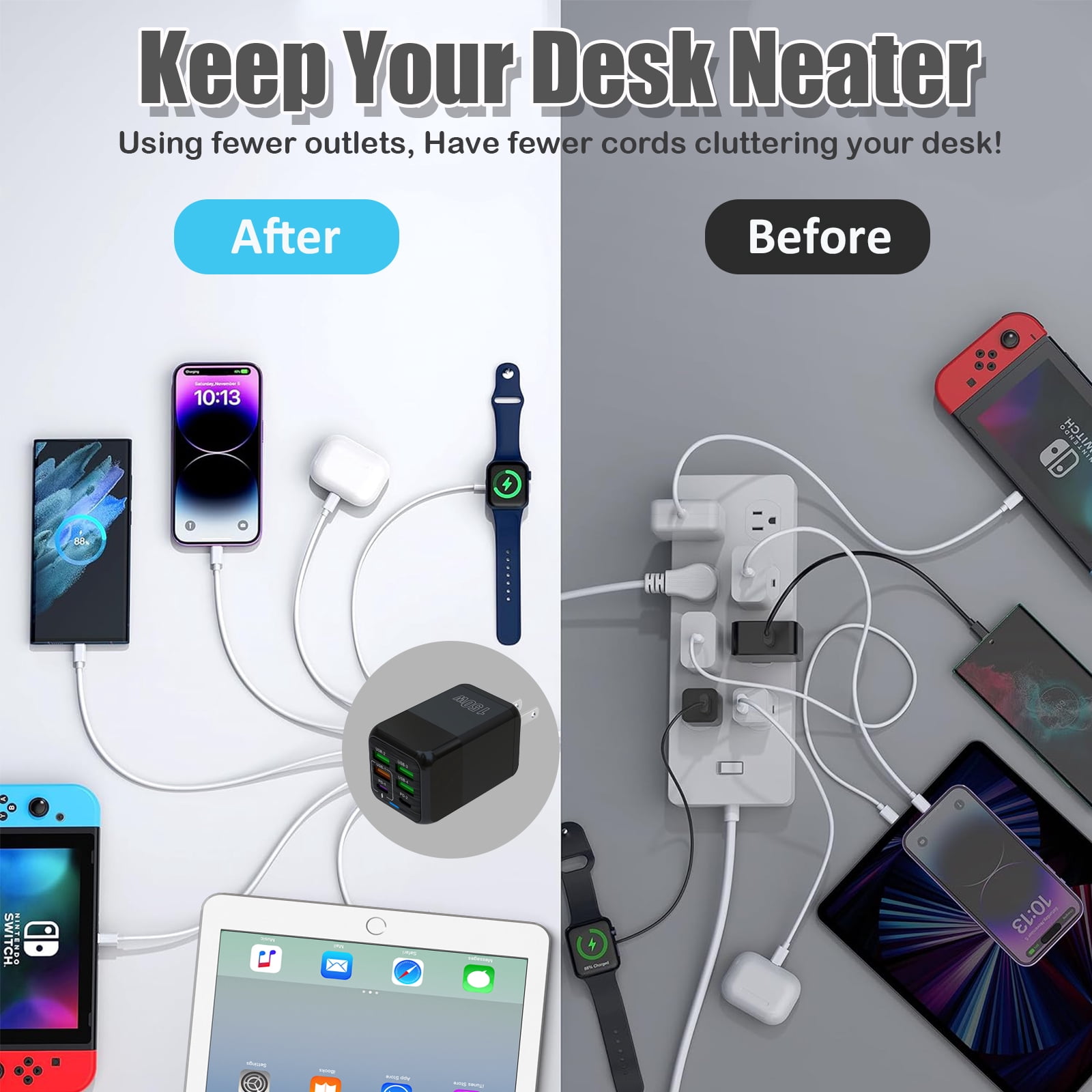 RONY USB C 150W Charger Block: 6-Port Fast Charging Block Power Adapter Compatible with iPhone Samsung Galaxy, Black
