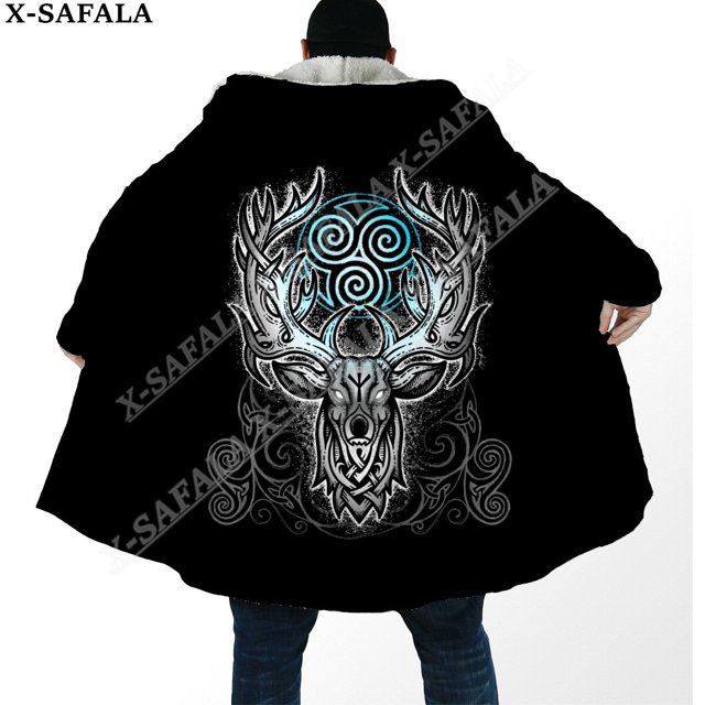 Capa gruesa y cálida con capucha para hombre, abrigo con estampado 3D de armadura vikinga con símbolo de tatuaje de cuervo, abrigo de lana a prueba de viento, bata de Manta, 9