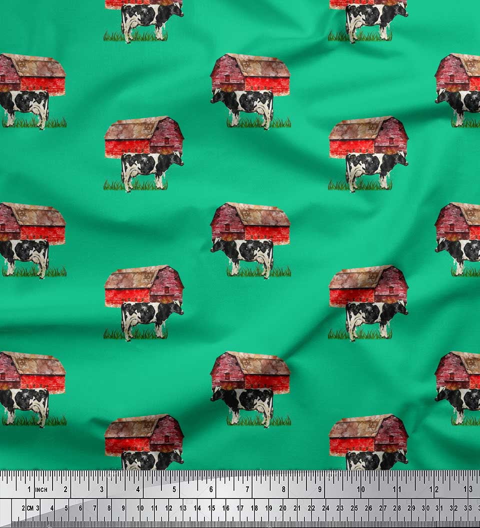 Soimoi Green Cotton Cambric Fabric Barn & Cow Farm Print Fabric by the ...