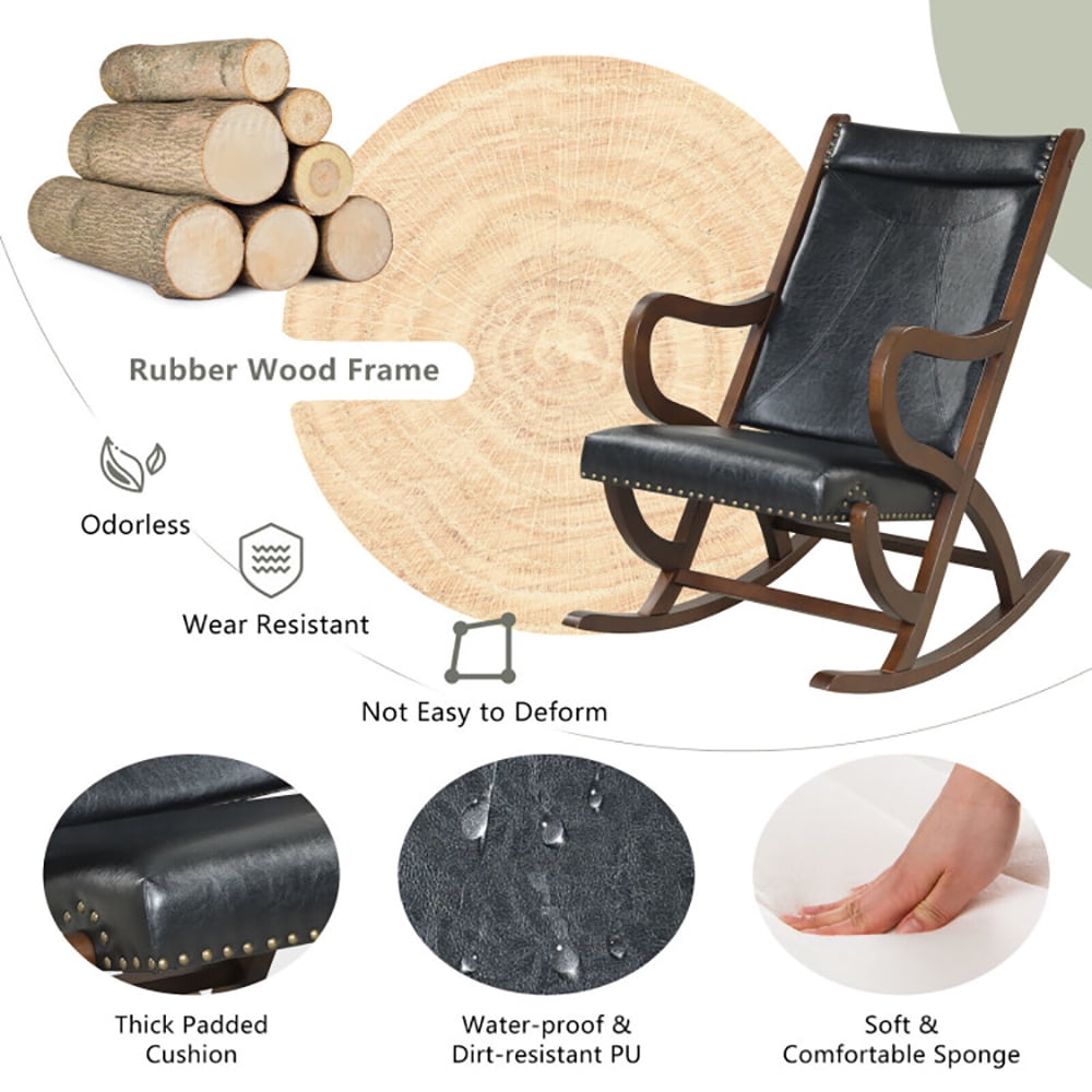 Finihen Wooden Slad Back Rocking Chairr, Modern Rocking Chair with PU Cushion and Rubber Wood Frame, for Living Room, Bedroom, Black