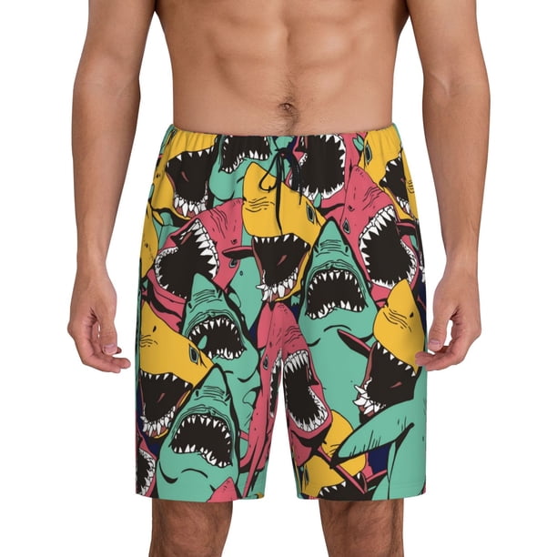 Balery Angry Shark Pattern Pantalones cortos de pijama de punto de algodón para hombre con cinturilla y bolsillos-XX-Large