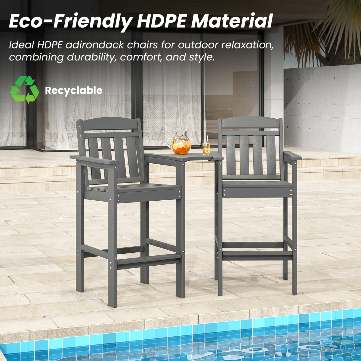 2-Pack Bar Height Adirondack Chairs - HDPE All Weather Patio Bar Stools with Connecting Tray, Ideal for Balcony, Poolside & Backyard