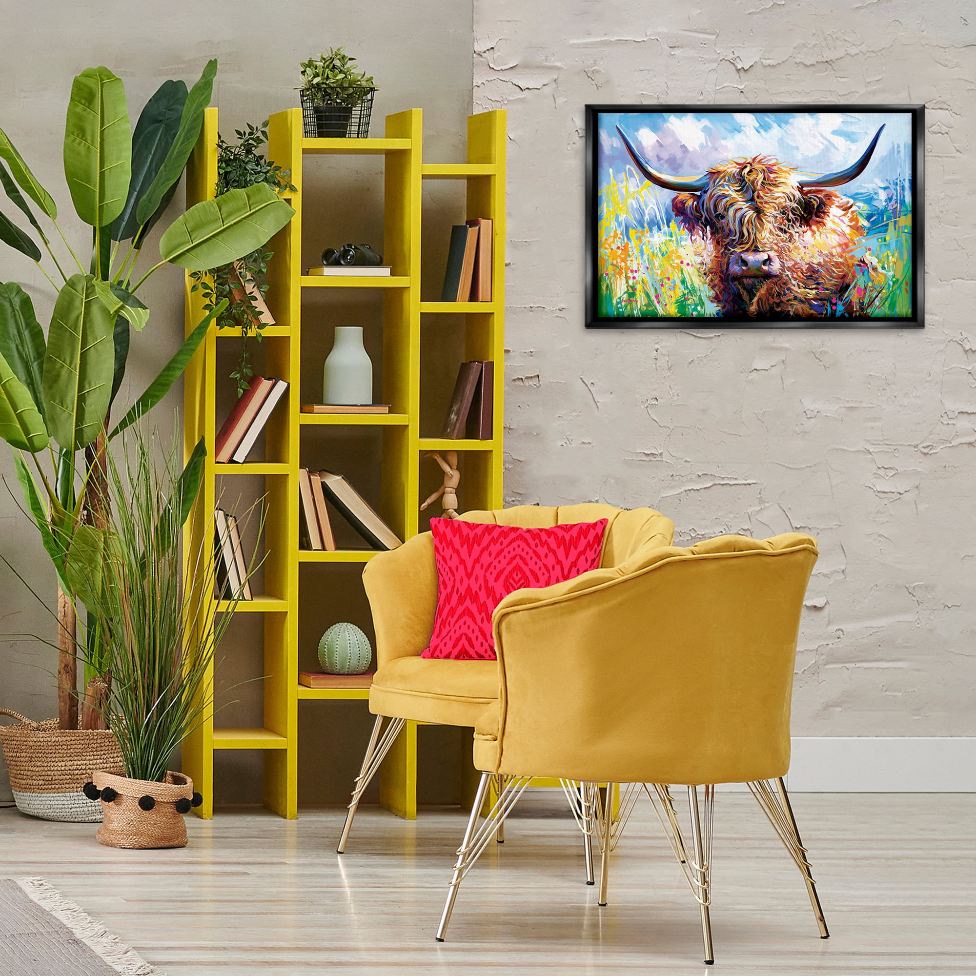 Stupell Industries Long Haired Highland Cattle Animals & Insects Painting Black Floater Framed Canvas Art Print Wall Art, 25 x 17