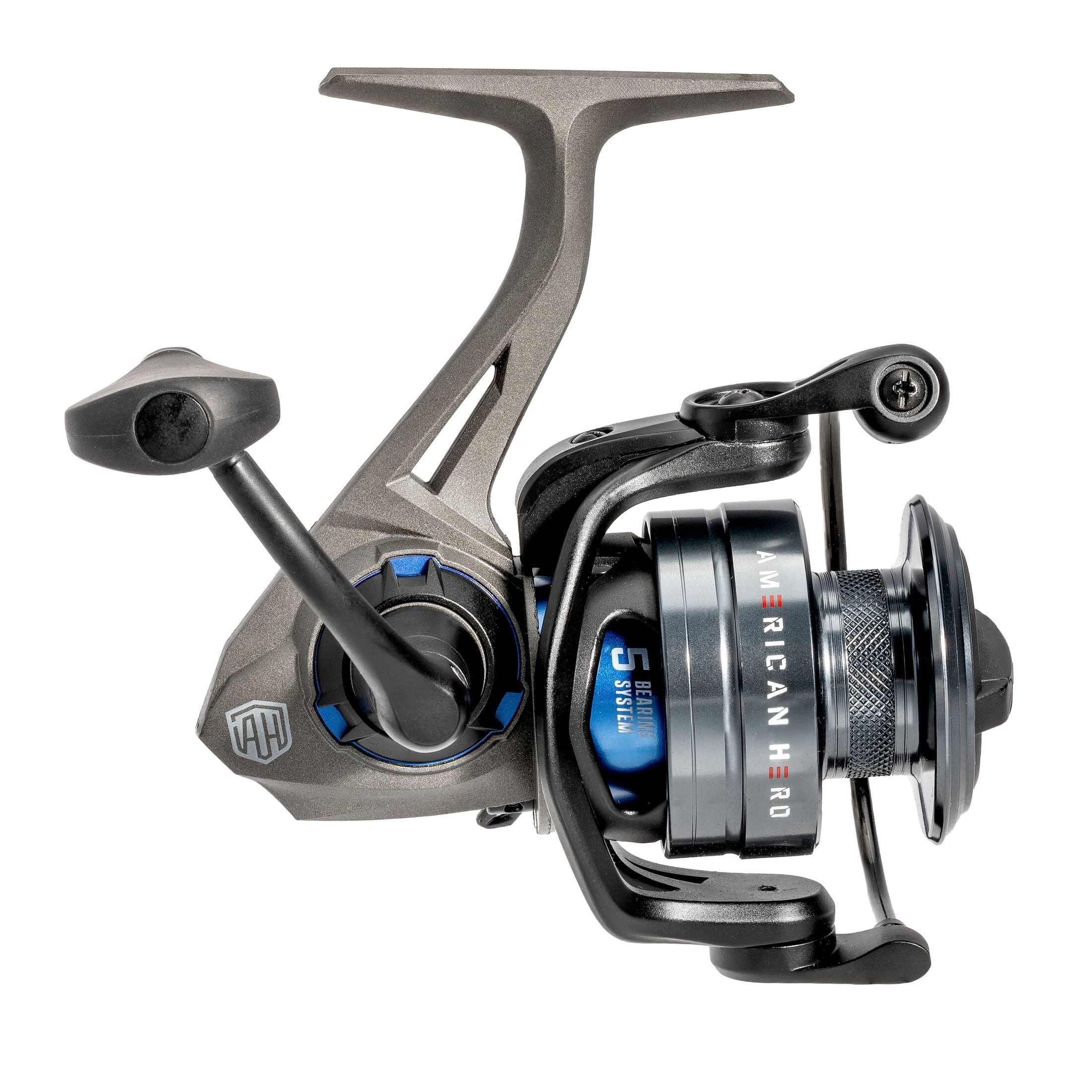 Lew’s American Hero Spinning Fishing Reel, Size 200 Reel, 4+1 Bearings, 6.2:1 Gear Ratio, Graphite Frame, Speed Gears, Speed Lube, Multi-Disc Drag, Gray/Black/Blue