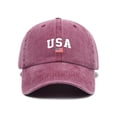 thumbnail image 5 of Women's Vintage Washed Baseball Cap, USA Flag Print Adjustable Trucker Hat, Retro Ponytail Sun Hat for Daily, Outdoor Activities, and Patriotic Style Wine, 5 of 5