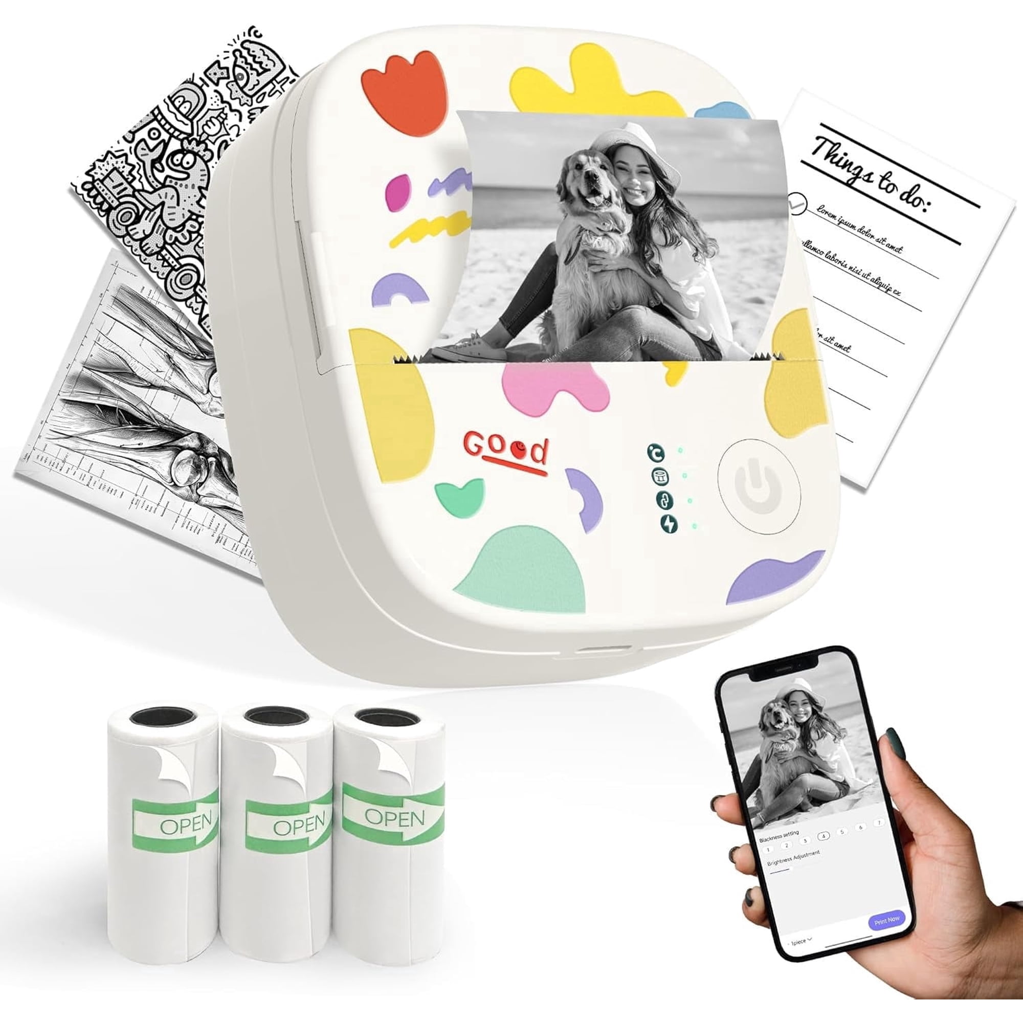 Blozor Mini Thermal Printer XenGro AH-M2,Portable Inkless Sticker Maker with 4 Rolls Paper,Bluetooth Pocket Photo Printer for Notes Kids Gift（White）