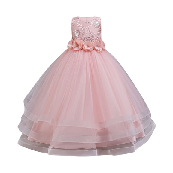 oqasdz Dresses for Girls Sleeveless Embroidery Floral Lace Layers Gown for Toddler Kids Birthday Evening Party Wedding Dress