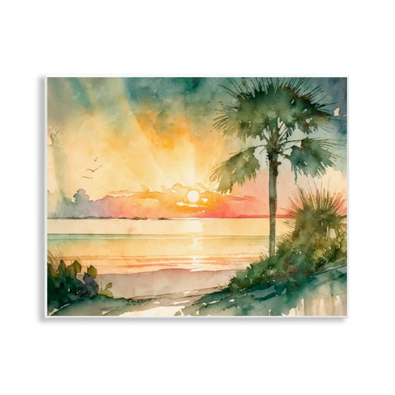 Stupell Industries Sunrise Through Palms Landscape & Nature Painting Unframed Art Print Wall Art, 14 x 11