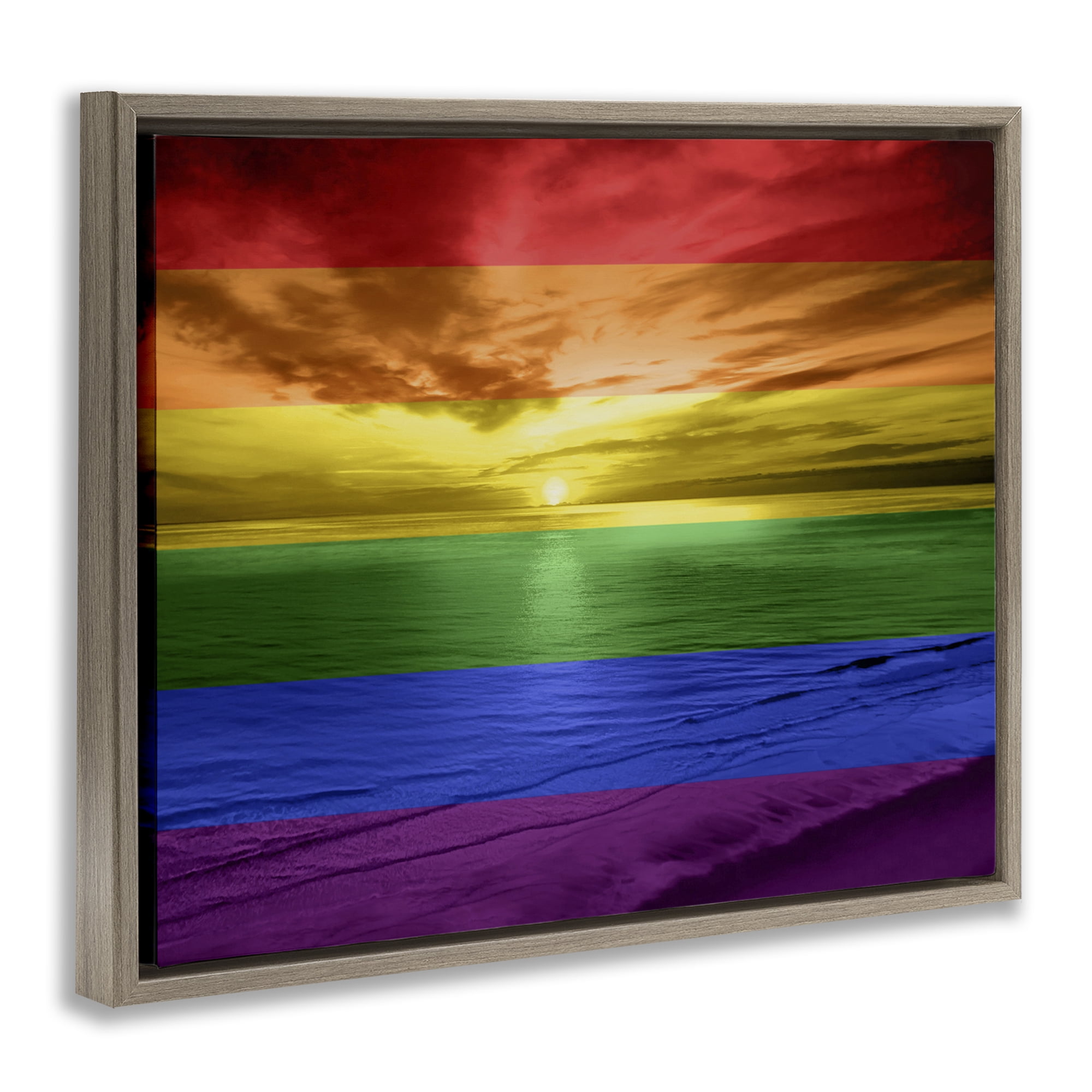 Stupell Industries Rainbow Sunset Beach Coastal Painting Brown Floater Framed Art Print Wall Art, 31 x 25