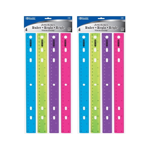 BAZIC Jeweltones Color Plastic Ruler 12" (30cm), Inches Centimeter Rulers (4/Pack), 2-Packs